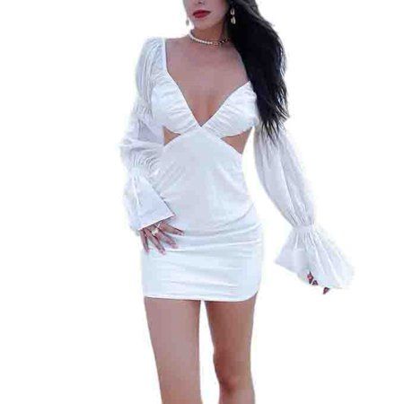 Off Shoulder Sexy V Neck Flare Long Sleeve Dress Women Elegant White Backless Cut Out Birthday Dress | Walmart (US)