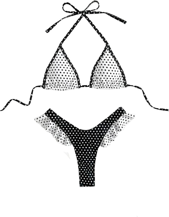 OYOANGLE Women's Two Piece Polka Dots Bikini Set Backless Triangle Top Ruffle High Cut Thong Swim... | Amazon (US)