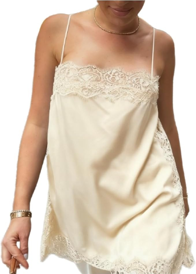 Women Silk Lace Trim Cami Tops Y2k Spaghetti Strap Silky Slip Dress Y2k Backless Going Out Camiso... | Amazon (US)