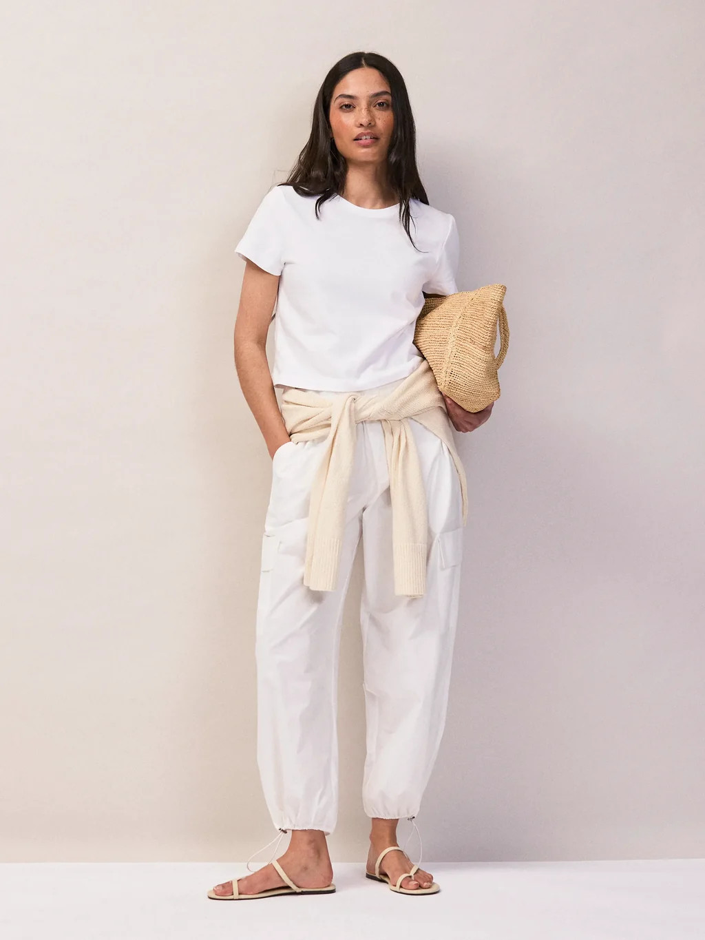 White Cotton Drawstring Cuff Trousers | Ro&Zo