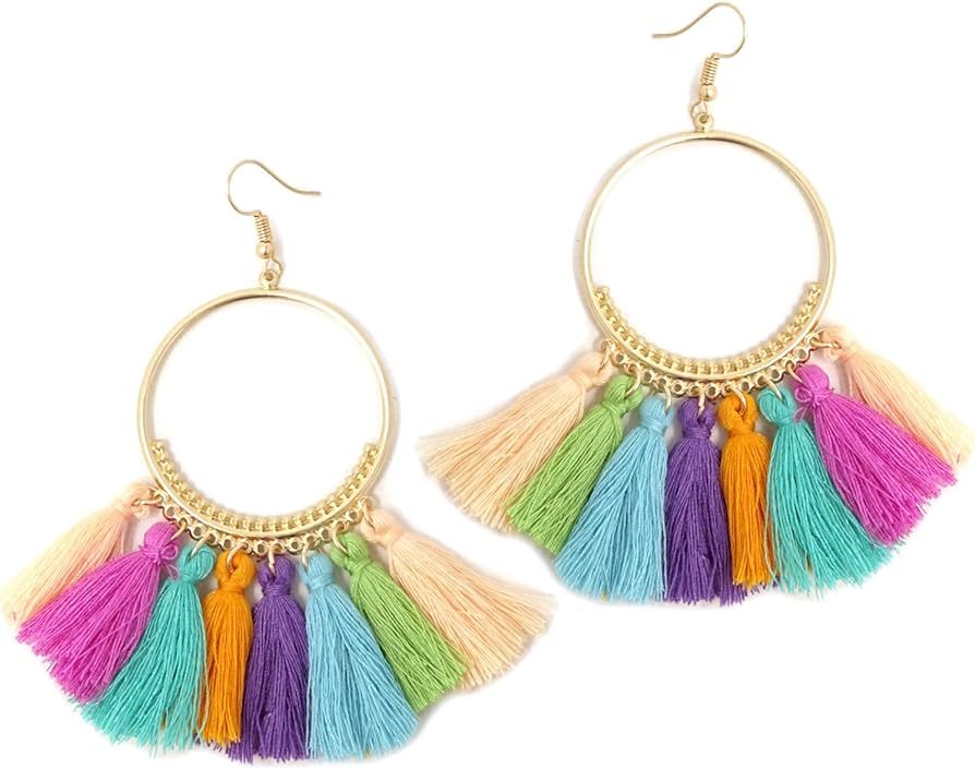 Honbay Women Colorful Bohemian Big Circle Fan Shape Tassel Earring Fashion Dangle Drop Earring fo... | Amazon (US)