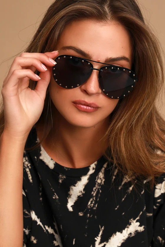 In the Biz Black Studded Aviator Sunglasses | Lulus (US)