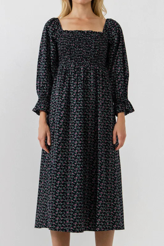 English Factory Floral Smocked Midi Dress - Black - L | Verishop