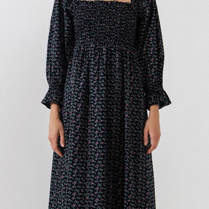 English Factory Floral Smocked Midi Dress - Black - L | Verishop