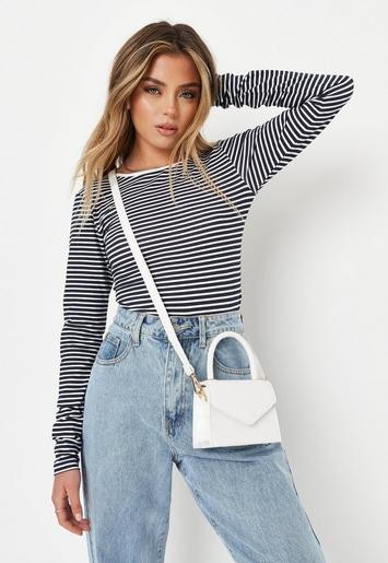 Missguided - Navy Stripe Long Sleeve Scoop Back Bodysuit | Missguided (UK & IE)