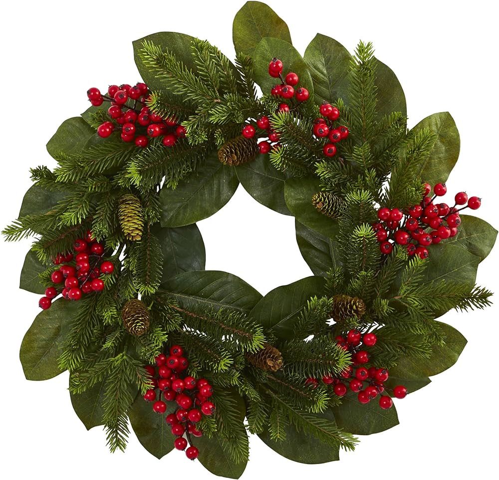 Nearly Natural 24 in. Magnolia Leaf, Berry and Pine Artificial Wreaths, Green | Amazon (US)