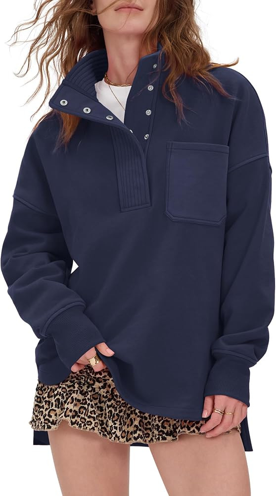 Locachy Womens Oversized Sweatshirt Snap Button Henley Neck Fashion Outfits | Amazon (US)