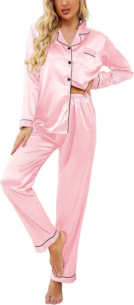 Ekouaer Women's Summer Classic Button Down Long Satin Silk Pajama Set | Amazon (US)