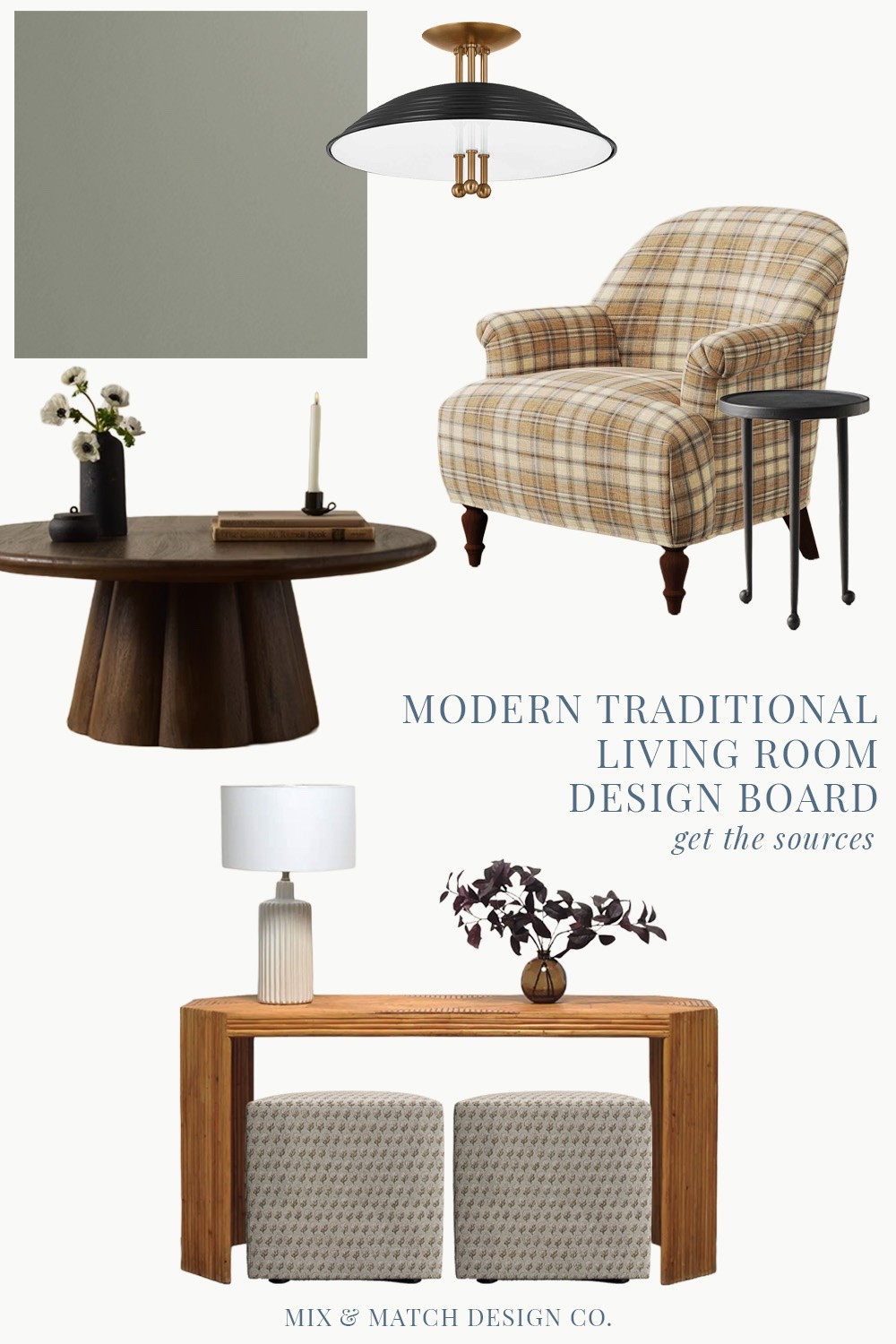 Here’s a look at the selections for our future “formal” living room. We’ll be using four of these plaid chairs to create a cozy conversation area. The walls will be SW Evergreen Fog. I’m loving how this modern english cottage vibe for this living room!