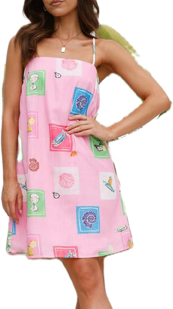 Women Graffiti Mini Cami Dress Spaghetti Strap Floral Boho Short Dress Flowy Sling Dresses Summer... | Amazon (US)