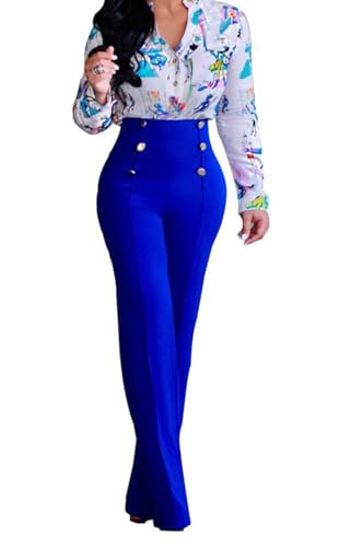 HRESSLBD Royal Blue Flare Pants for Women, Royal Blue Pants for Women Dressy, High Waisted Wide Leg Button-Down Pants Bell Flare Pants, Flare Dress Pants for Women Business Casual (Royal Blue, XL) | Amazon (US)