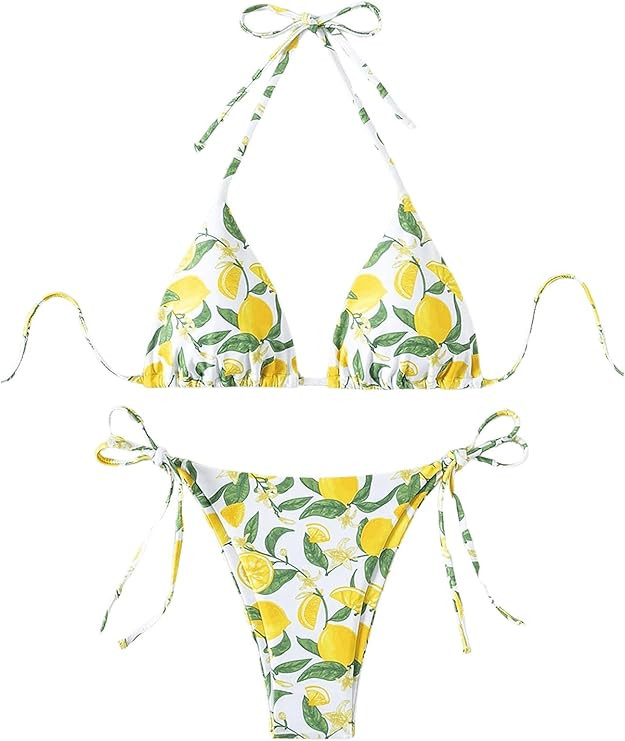 WDIRARA Women's Tropical Print Halter Bikini Set Tie Side Triangle Swimsuit Two Piece Bathing Sui... | Amazon (US)
