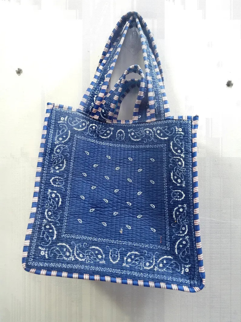 Blue Cotton Bandhana Tote Bag Handmade, Quilted Double Strip Shoulder Bag, Ethnic Print Handbag, ... | Etsy (Global)