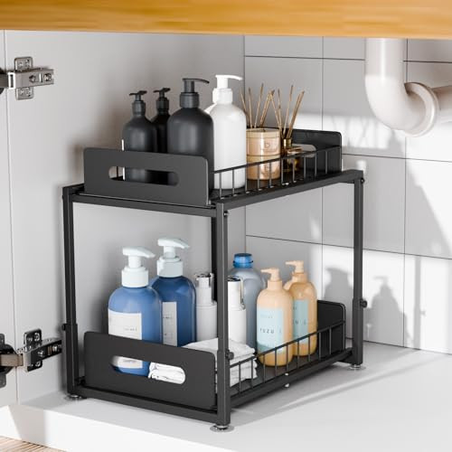 Vathingood Under Sink Organizer Rack 2 Tier Under Sliding Organizers and Storage, Slid Out Cabinet Organizer Drawer, Adjustable Height Versatile Under Sink Storage for Bathroom Kitchen Drawer, Black | Amazon (US)