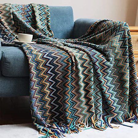 Fennco Styles Blue Zigzag Soft Boho Throw Blanket with Tassel 50 W x 60 L - Colorful Crochet Chevron | Walmart (US)