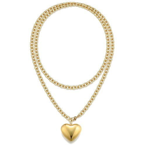 TEN MIRO 16k Chunky Gold Necklace for Women Non Tarnish, 36'' /92cm Long Gold Chunky Heart Necklace layered Puffy Heart Necklaces Long Thick Pendant Bold Statement Necklaces for Women Trendy | Amazon (US)