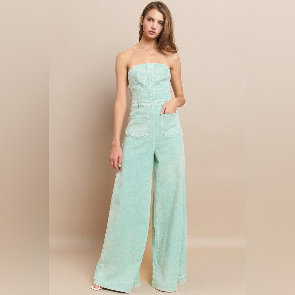 WIDE LEG MINERAL ACID WASH TUBE TOP DENIM JUMPSUIT | Poshmark