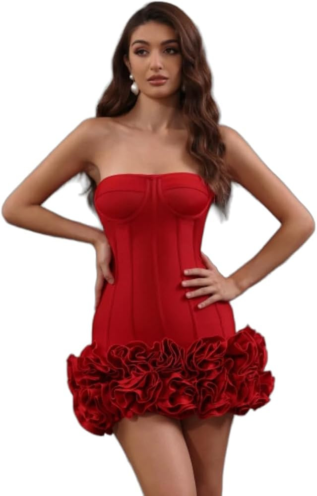 Women Luxury Strapless Flowers Hem Bodycon Bandage Dress Celebrity Evening Party Birthday Dresses | Amazon (US)