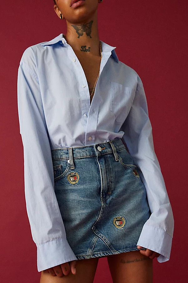 Tommy Jeans Izzie Embroidered Crest Logo Denim Mini Skirt | Urban Outfitters (US and RoW)