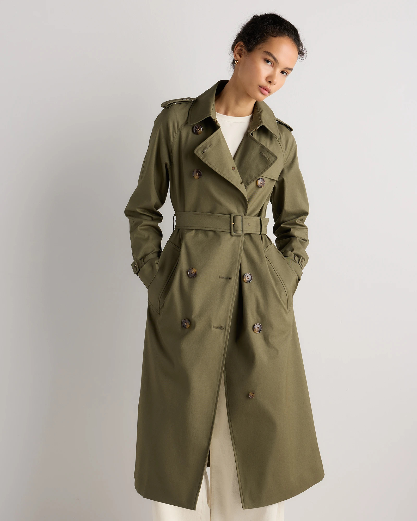 Quince | Women's Comfort Stretch Long Trench Coat in Midnight Black, Size XL, Organic Cotton | Quince