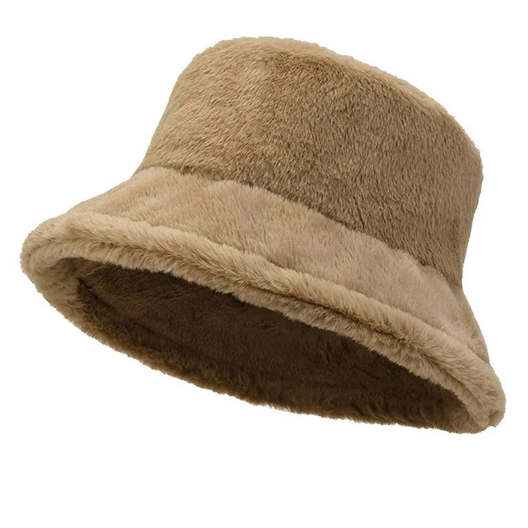 Women Plush Fluffy Bucket Hat Warm Lining Winter Faux Fur Cozy Wide Brim Winter | Walmart (US)