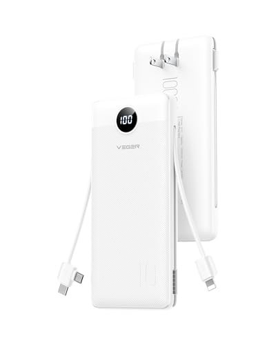 VEGER All in One Travel Portable Charger with Built-in AC Plug & Cables, 10000mAh Slim Power Bank Battery Pack, 15W Fast Charging Compatible with iPhone, Samsung, Android-White | Amazon (US)