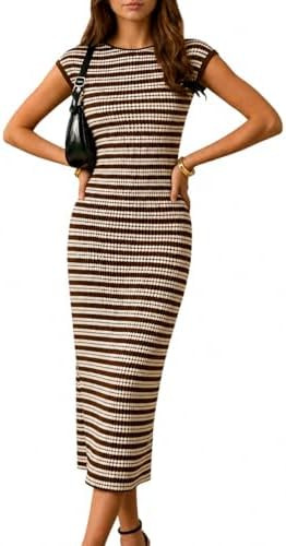 itnpbwus Women's Striped Midi Dress Casual Work Crew Neck Cap Sleeve Knit | Amazon (US)