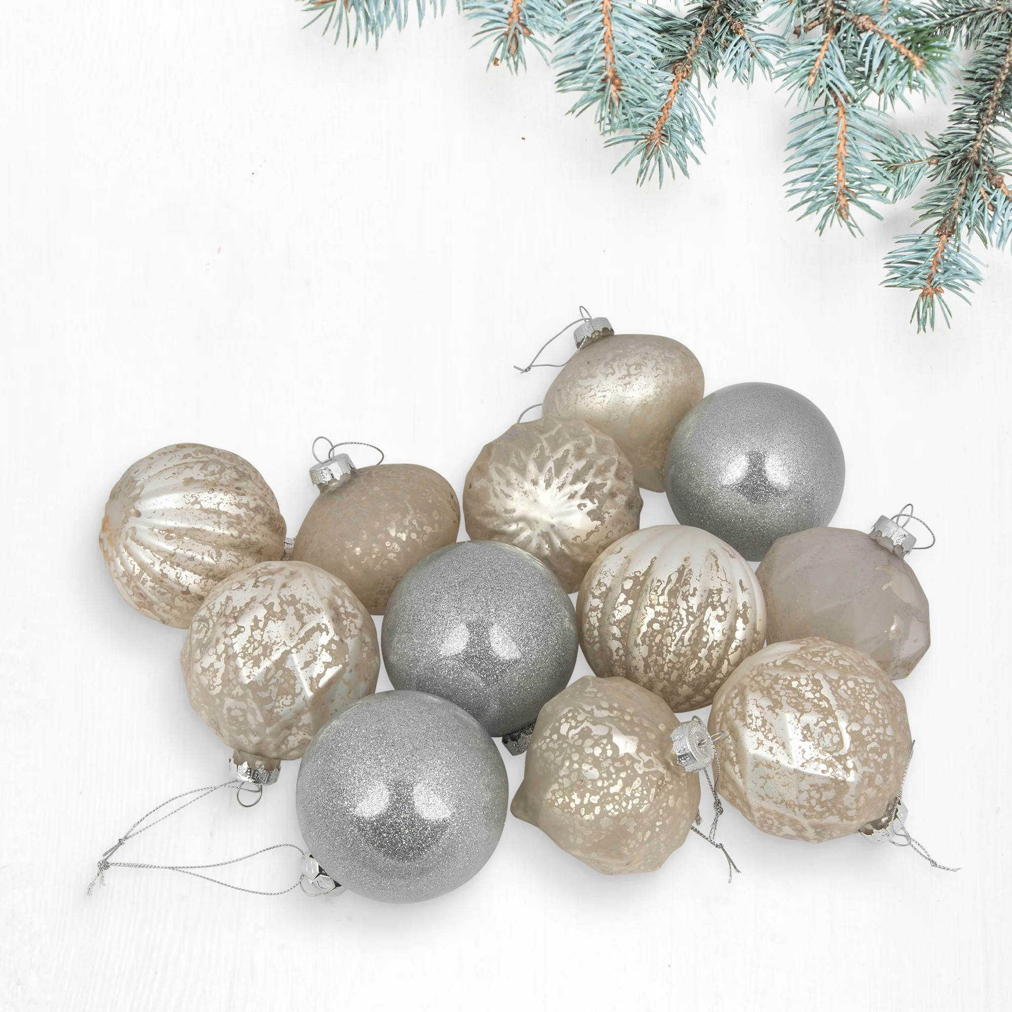 12ct Champagne and Silver Mercury Glass Style Glass Christmas Ornament Set 3" | Walmart (US)