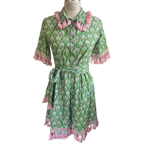 NWOT Elizabeth Wilson Agusta Green Pink Block Print Tassel Trim Shirt Dress XS | Poshmark