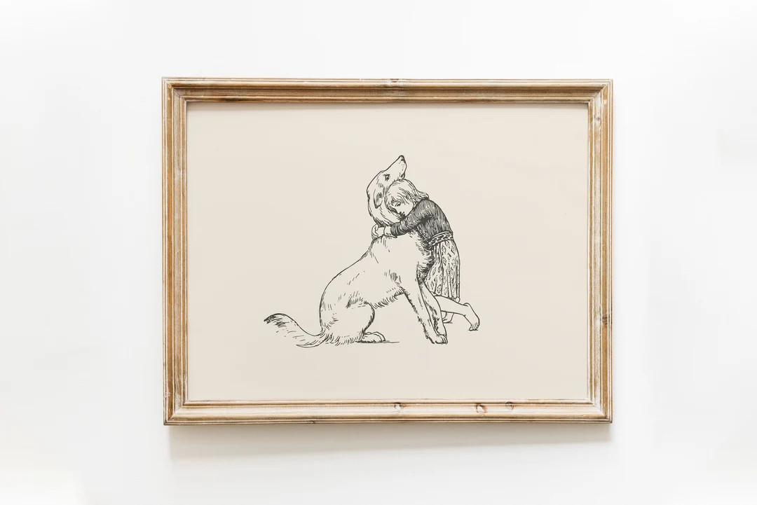 Girl and a Dog Vintage Print | Dog Wall Art | Dog Drawing | Farmhouse Wall Decor | Countryside Wa... | Etsy (US)