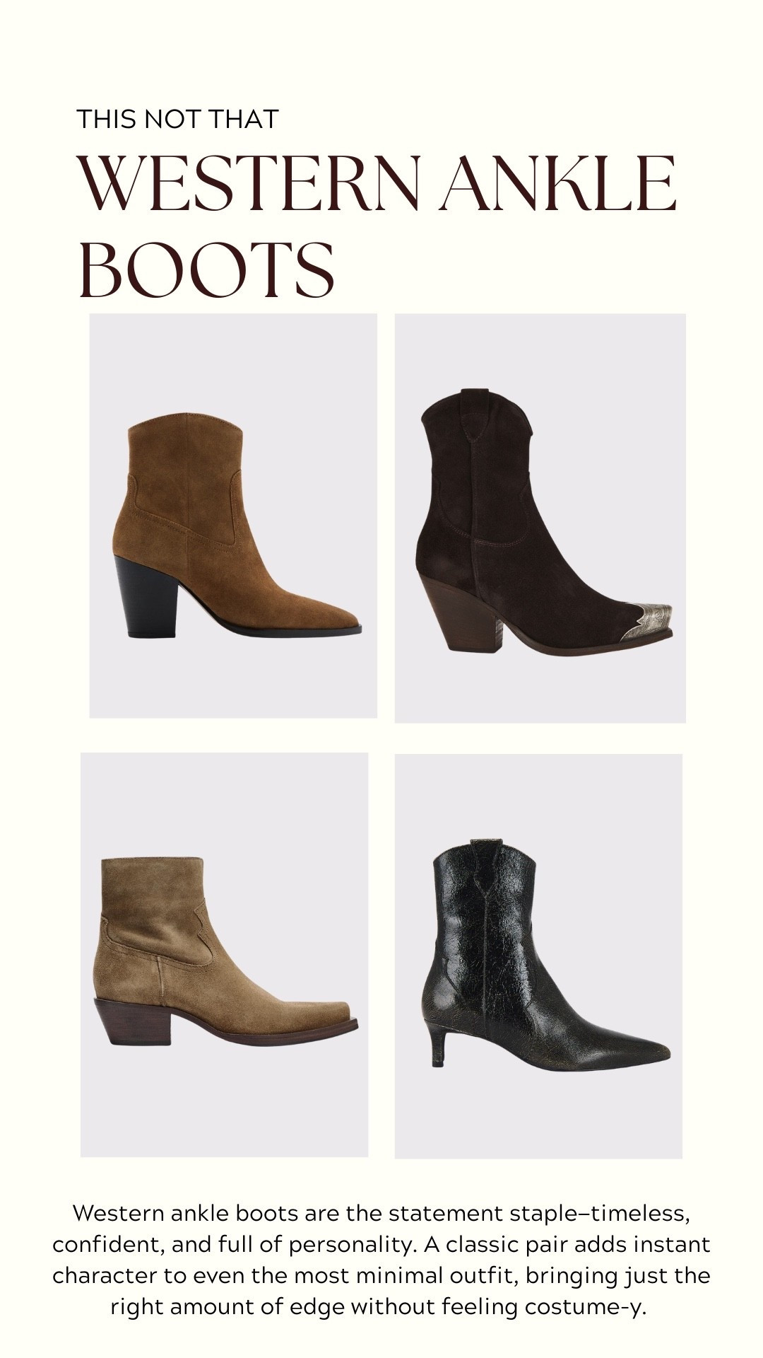 Western ankle boots are the statement staple—timeless, confident, and full of personality. A classic leather pair adds instant character to even the most minimal outfit, bringing just the right amount of edge without feeling costume-y. Worn with denim or tailored pieces, they strike that perfect balance between rugged and refined.

#LTKSeasonal #LTKPetite #LTKootd