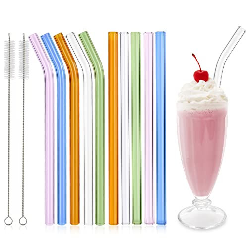 RENYIH 10 Pcs Reusable Glass Smoothie Straws,9''x12 mm Glass Drinking Straws for Milkshakes, Tea, Juice,Set of 5 Straight and 5 Bent with 2 Cleaning Brushes -Dishwasher Safe(Colorful) | Amazon (US)