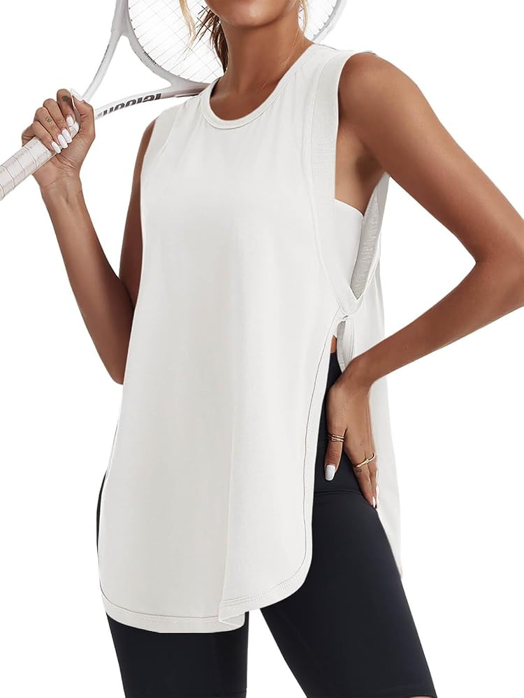 Tankaneo Womens Side Slit Workout Tank Tops Cotton Sleeveless T Shirts Oversized Summer Casual Yo... | Amazon (US)