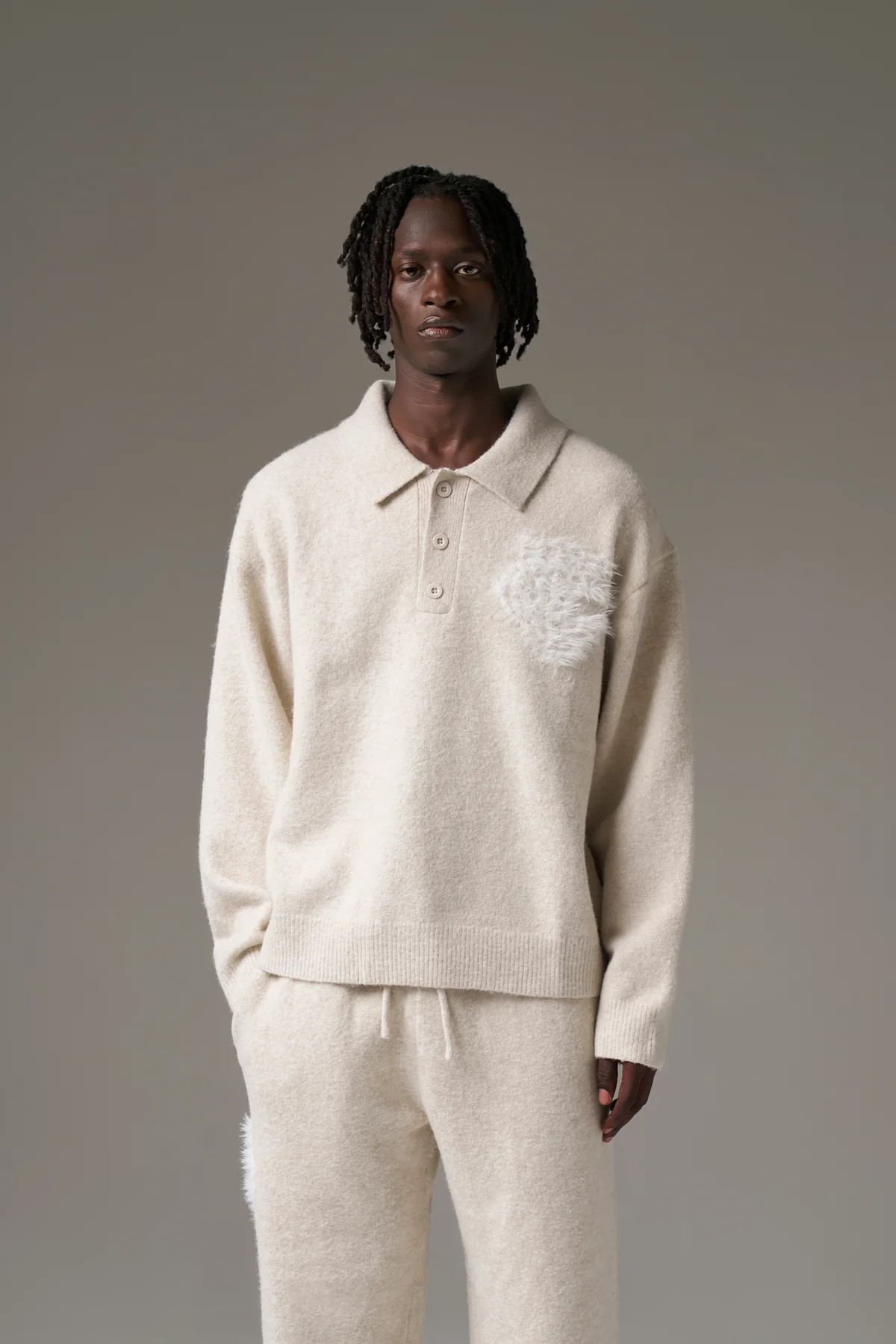 MONOGRAM FLUFFY KNIT POLO - BEIGE | The Couture Club