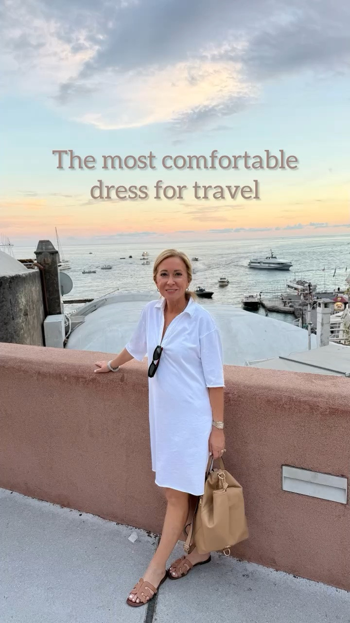 The most comfortable dress to wear for travel! I wore it in Rome from day to night, with sandals & sneakers. 100% cotton kept me comfortable all day. Worth the splurge😉. 
*unable to link the backpack
@Frank & Eileen