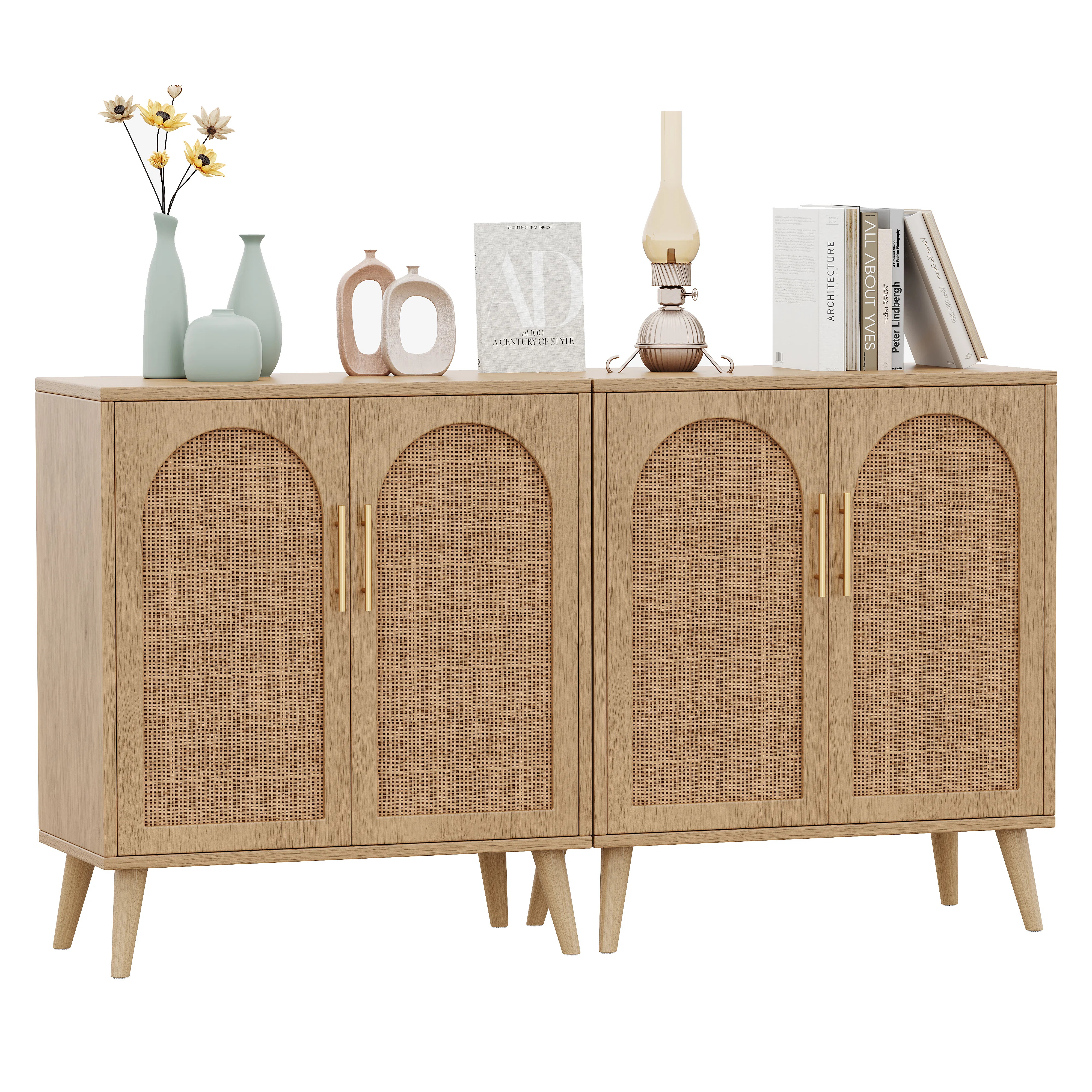 Bay Isle Home™ Accent Storage Cabinet Set Of 2 With Rattan Decorated Doors, Sideboard Buffet Ca... | Wayfair North America