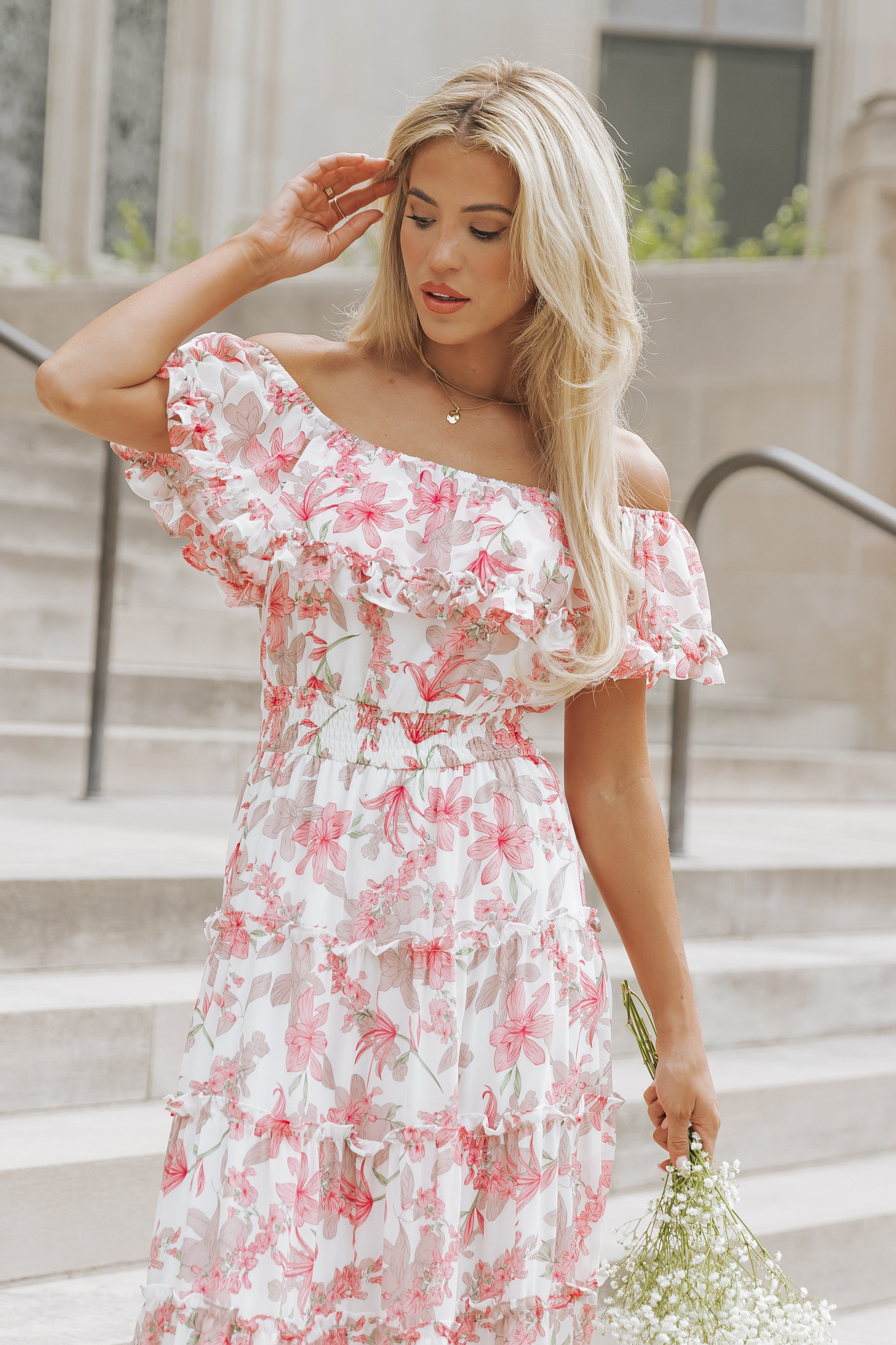 Pink Ruffled Off Shoulder Tiered Midi Dress | Magnolia Boutique