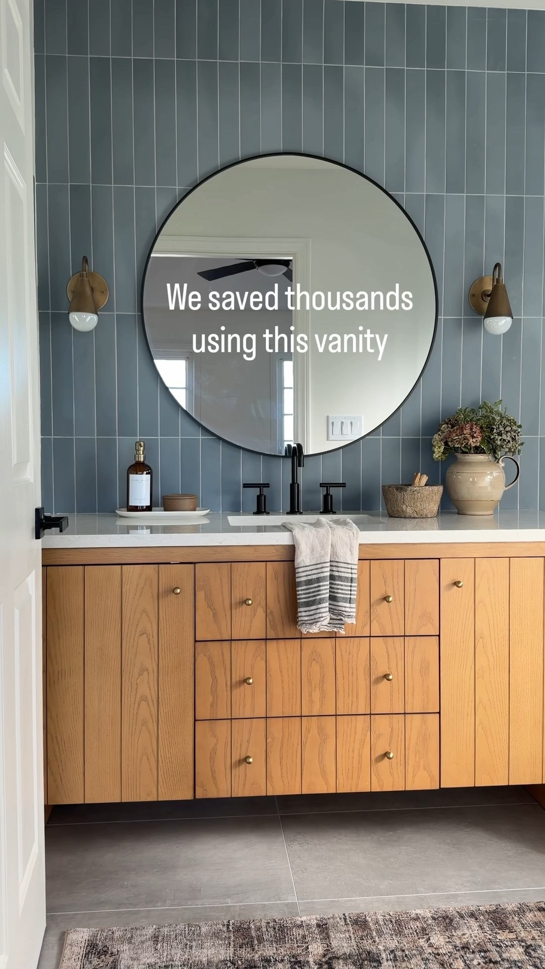 We saved thousands of dollars using a pre-fab vanity. Comes in multiple sizes and countertop colors.  It is great quality and also has a USB charger. Wayfair’s always my go to for room transformations and to buy designer looking pieces at affordable prices! 


@wayfair #wayfair #wayfairpartner #ad

Brass black round mirror, picture, hydrangea, flowers, black faucet, plumbing, bathroom design, Wayfair rug runner Amber Lewis 

#LTKHome #LTKFindsUnder100 #LTKSaleAlert