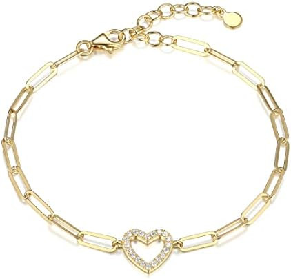 Amazon Essentials Cubic Zirconia Geometric Open Heart Paperclip Chain Link Bracelet in Sterling S... | Amazon (US)