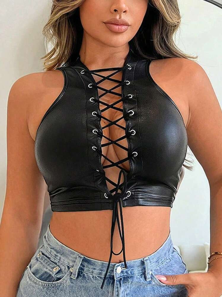 BamGleam Women's PU Solid Color Sexy Lace-Up Camisole | SHEIN
