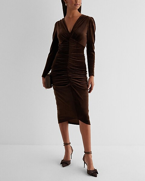 Velvet V-Neck Puff Sleeve Ruched Midi Sheath Dress | Express
