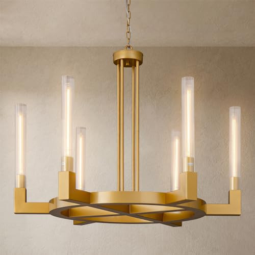 YUEXPAND Farmhouse Chandelier with Glass Tube, Gold 6-Lights Wagon Wheel Chandeliers 35''Round Luxurious Large Chandelier Fixture Ceiling Pendant Lighting for Dining Living Room, Foyer | Amazon (US)