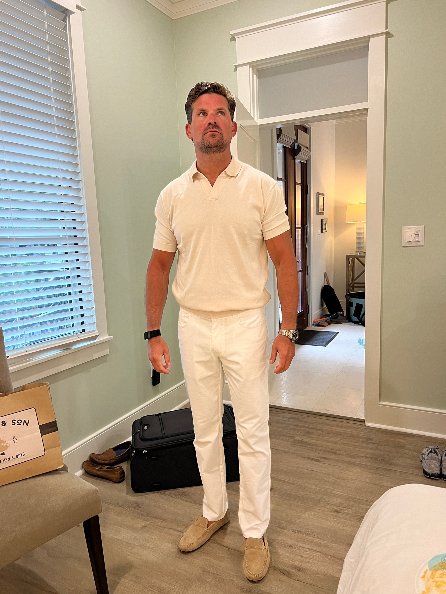 Robby shirt is from collars and co, and they’re not on LTK. So I’ll link a similar one on here. 
He loves these new white pants from Peter Millar. He wears a size 34x32 
They are perfect for summer! 

#LTKMens #LTKSeasonal