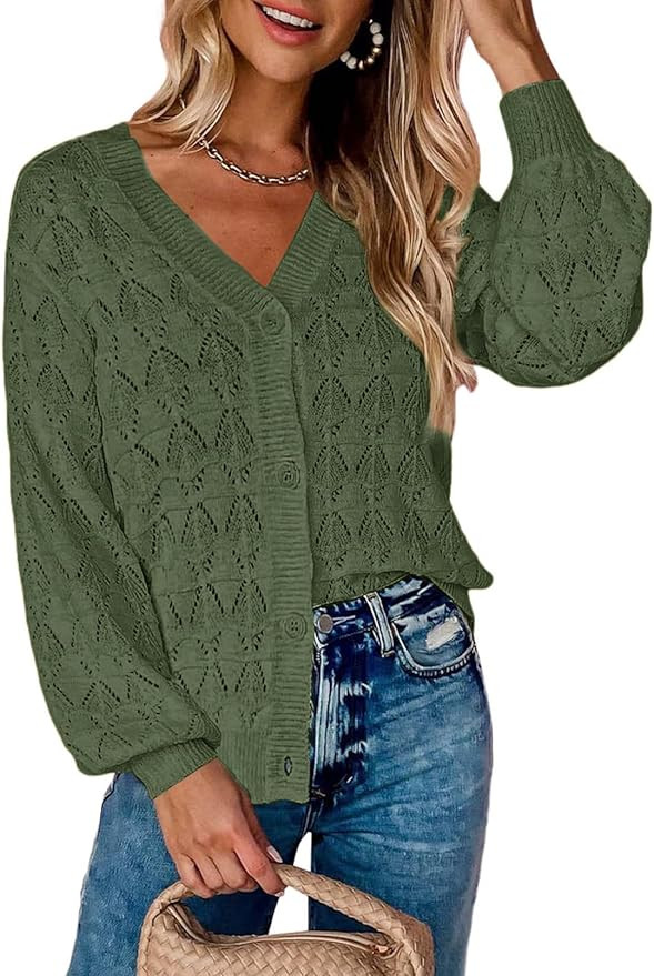 Zeagoo Women's Lightweight Crochet Cropped Cardigan 2026 V Neck Long Sleeve Button up Bolero Shru... | Amazon (US)