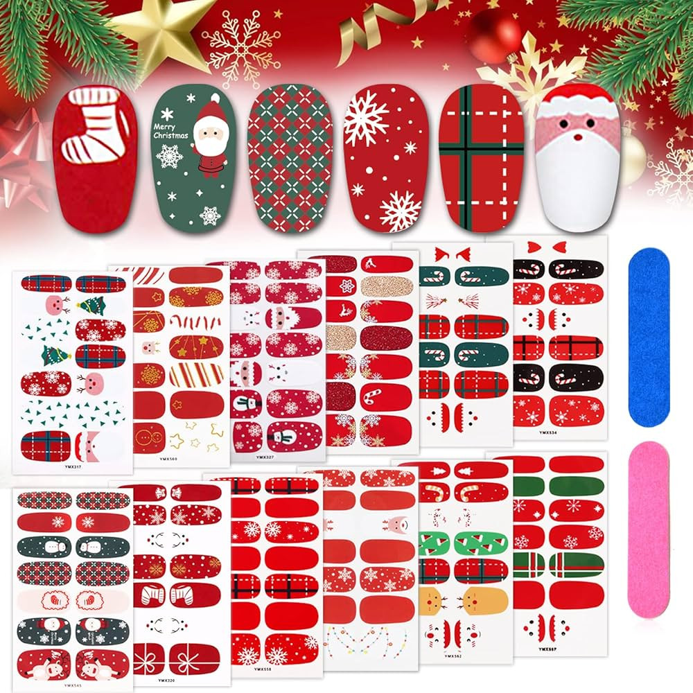 12 Sheets Christmas Full Wraps Nail Polish Strips Stickers, Gorvalin Snowflake Snowman Christmas Nail Design Stickers Christmas Nail Wraps with Nail Files for Women Girls Christmas Nail Decorations | Amazon (US)