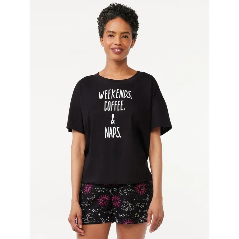 Joyspun Women's Short Sleeve Tee and Boxer Shorts Pajama Set, Sizes S to 3X | Walmart (US)