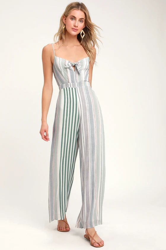 Promise Sage Green Striped Knotted Front Jumpsuit | Lulus