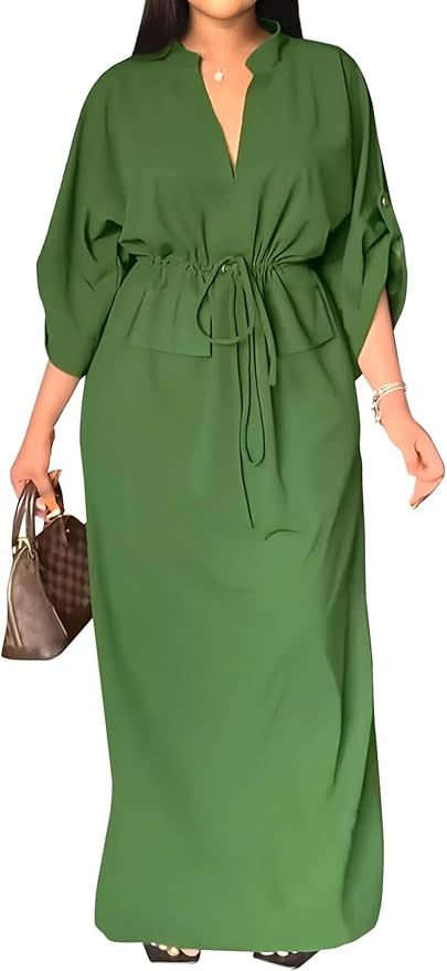 LYANER Women's Loose Fit V Neck Roll Up Sleeve Drawstring Waist Side Slit Shirt Maxi Dress | Amazon (US)