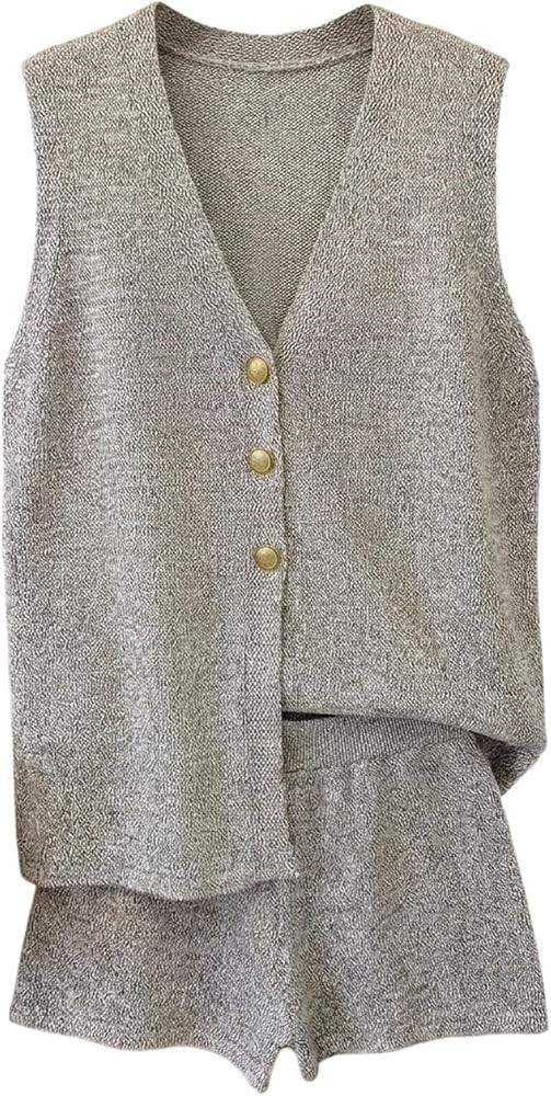 RoseSeek Women's 2 Piece Outfits Button Down V Neck Knit Vest and Casual Shorts Sets Summer Match... | Amazon (US)