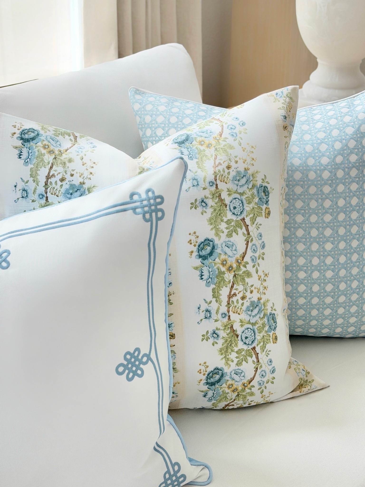 Summer pillows, Amazon pillow cover, blue and white cane print Etsy finds